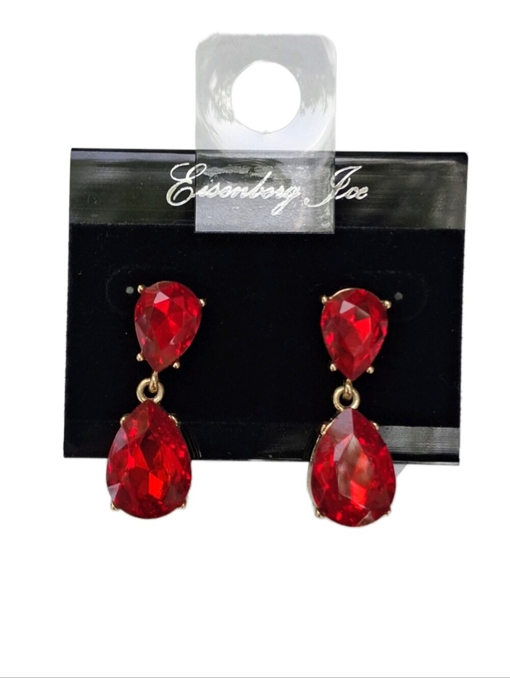 Vintage Eisenberg Ice Red Rhinestone Teardrop Dangle Earrings Gold Tone Post